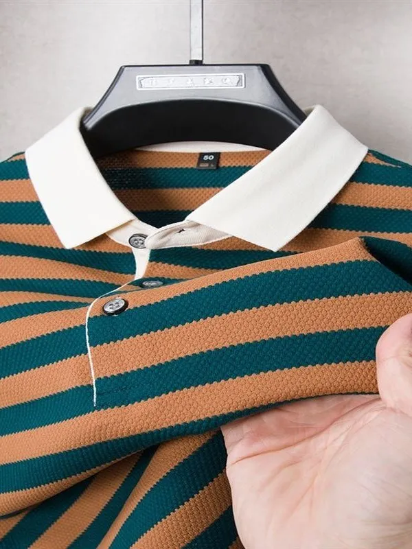 

High-End Striped Men's ort-Sved irt I00 Cotton T-irt with Collar Summer Season Faionable f Sve Top