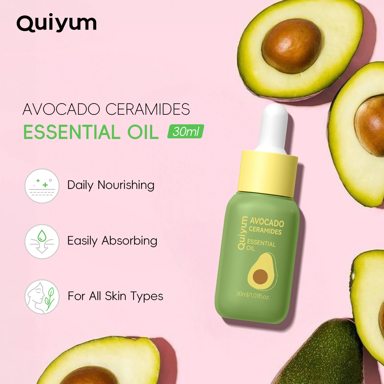 Quiyum Avocado Ceramides Essential Oil 30ml Daily Nourishing Multipurpose Oil with 5 Types of Ceramides