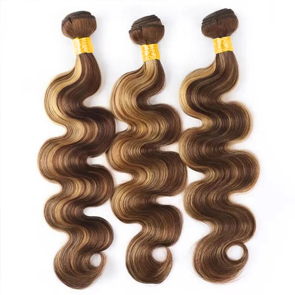 Mechones de cabello humano para mujer, extensiones brasileñas de 22, 24 y 26 pulgadas, 1/3 mechones de ondas corporales, Color # P4/27