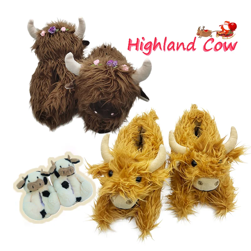 Highland Cow Slippers Winter Warm Cattle Plush Slipper Cute Animals House Soft Flat with Shoes for Christmas Gifts