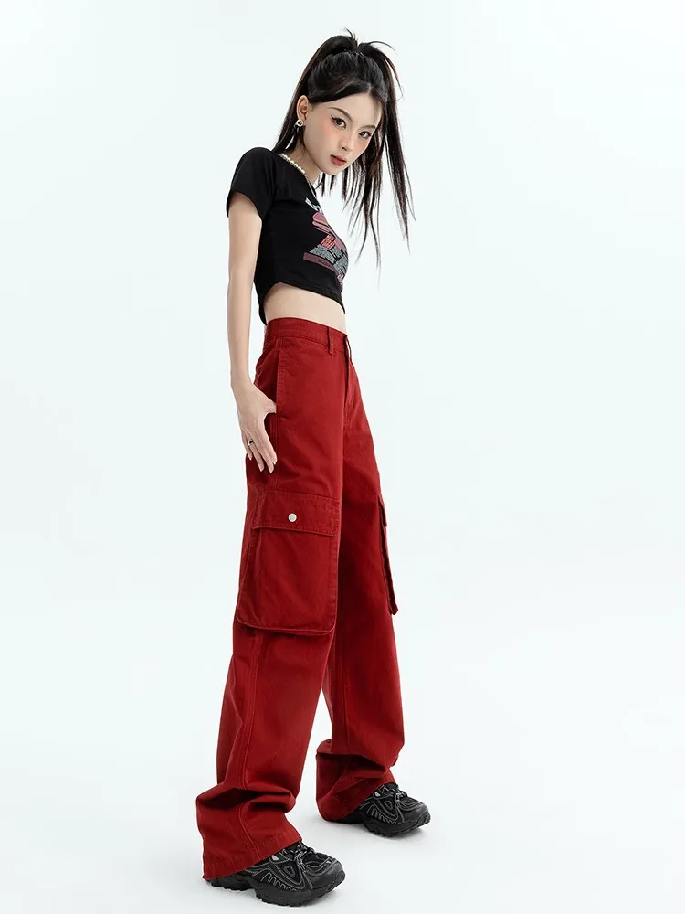 GUUZYUVIZ Multi Bag Casual Wide Leg Cargo Pants Loose Red Jeans Woman