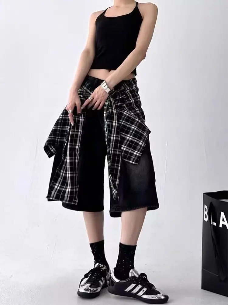 Summer Women's Checkered Pattern Design Black Denim Shorts Street Capris Casual Bottom Female Wide-leg Calf-length Pants