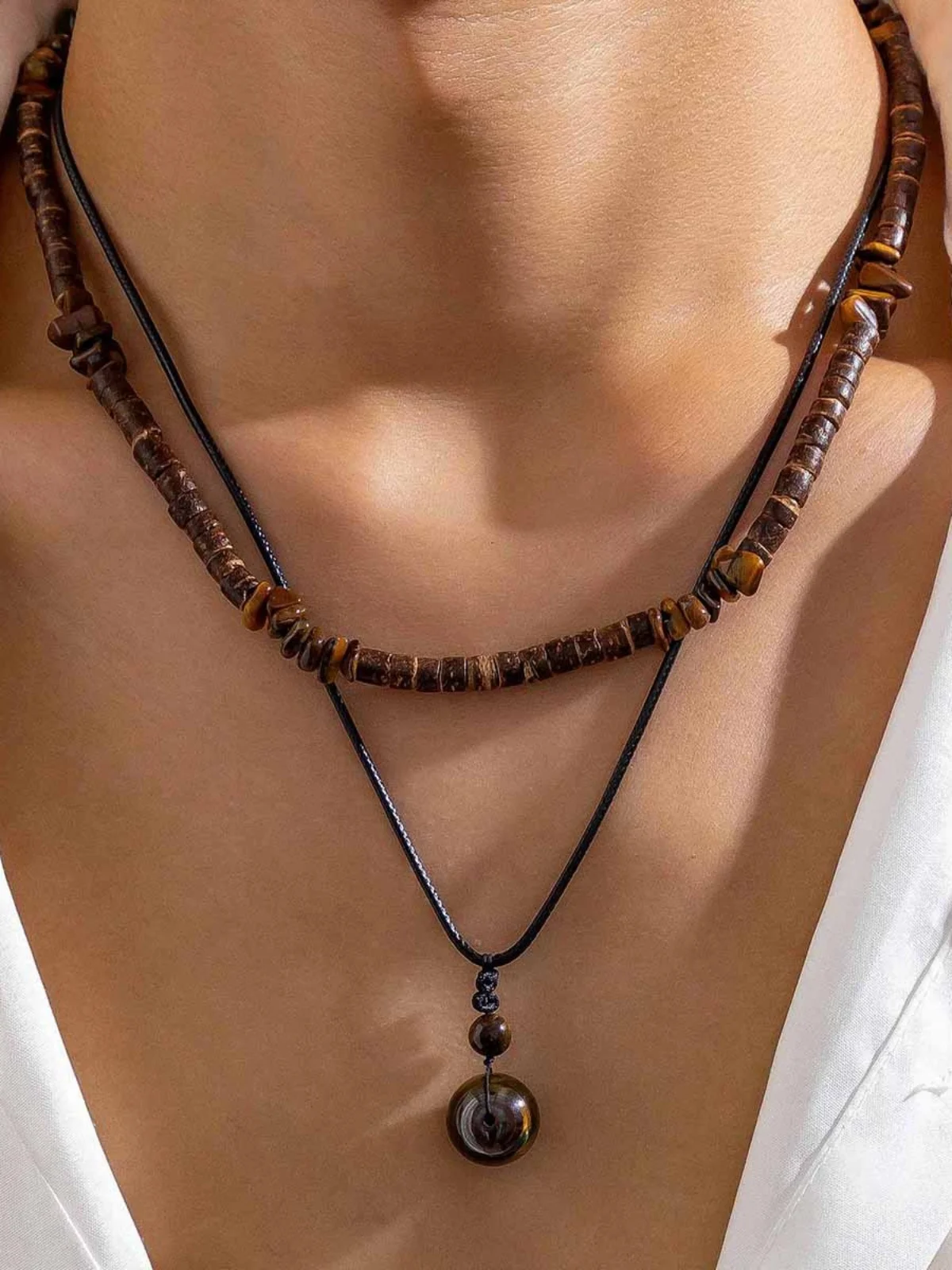 

Retro Fashion Handsome Cool Jewelry Men's 2-piece Coconut Shell Imitation Turquoise Wax Thread Necklace Set