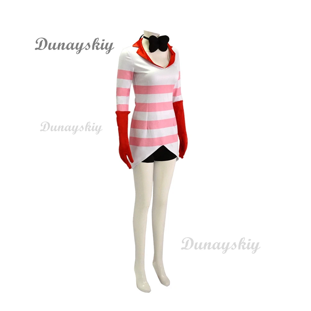 Anime Hazbin Cosplay Hotel Costume Angel Dust Cosplay Dust Angel Sexy Dress Red White Stripe Clothes Socks Halloween Party Woman