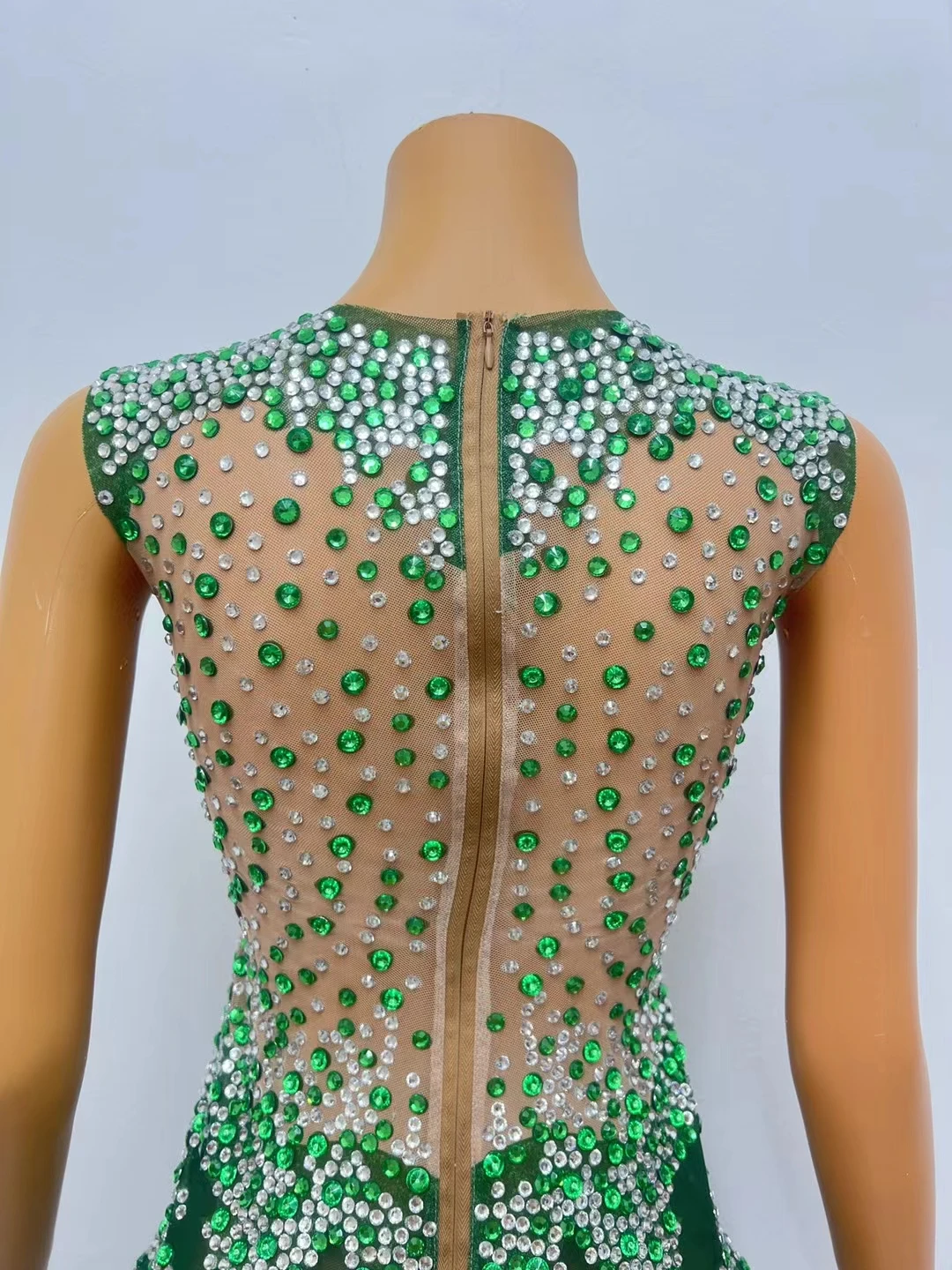 Sparkly Rhinestone Tassel See Through Mesh Mini Dress Birthday Celebrate Party Green Short Dress Nightclub Prom Outfit Shenlin