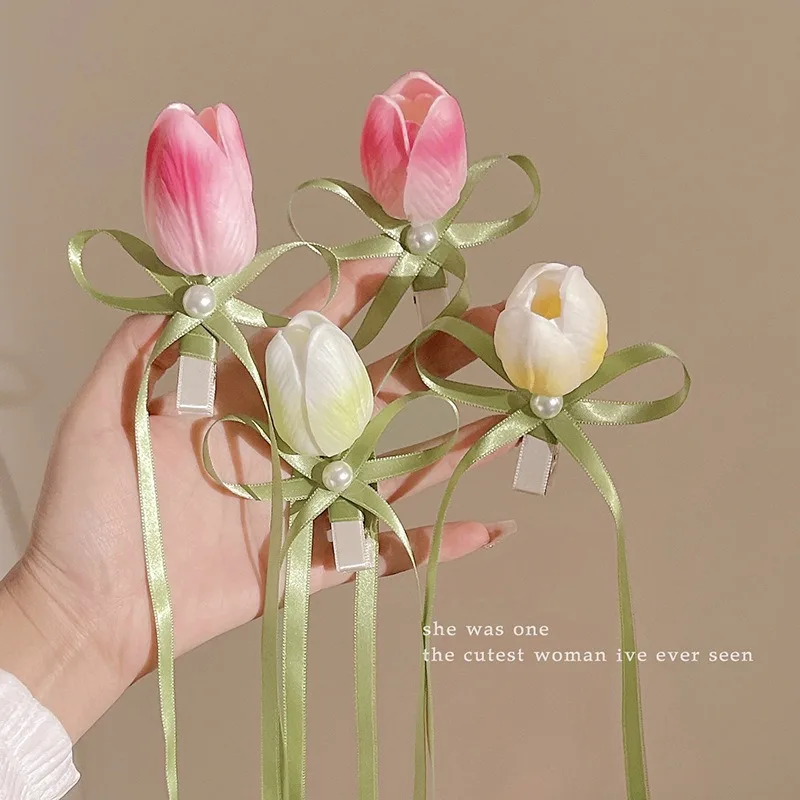 

1/2 шт. Заколка для волос в форме тюльпана, женская заколка для боковых прядей, бант-лента, двойные заколки для хвоста, новые аксессуары для волос для девочек