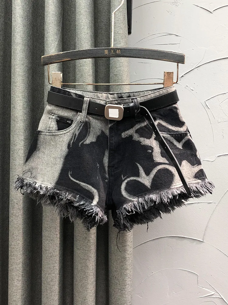 Tie-Dye Blue Tassel Raw Edge Denim Shorts Women's Summer Loose All-matching Short Jeans Wide-Leg Pants A- Line Hot Pants
