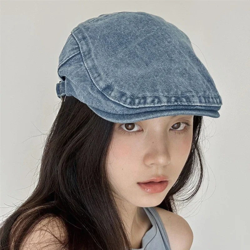 

Unisex washed denim beret with denim style retro forward hat, adjustable big head circumference, fashionable hat