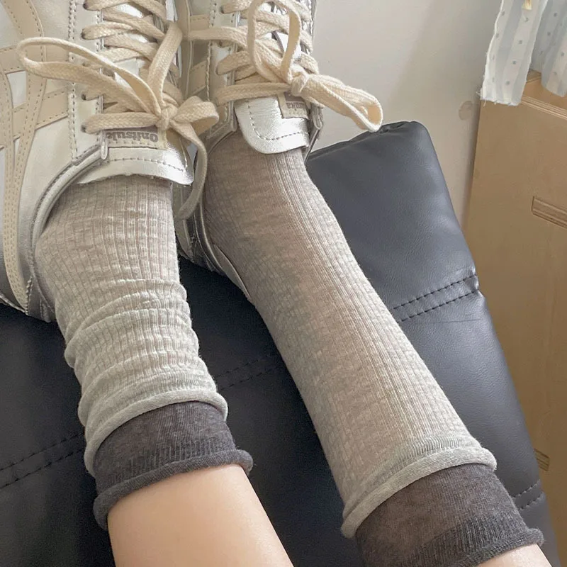 Women's Color‑Block Mid‑Calf Socks, Double Cuff Roll‑Edge Design, Ins Korean‑Style Slouch Long Socks, Thin Breathable Socks for