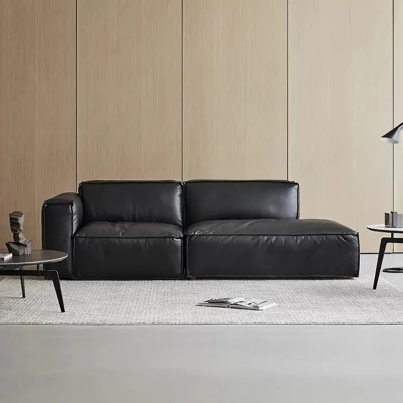Tofu block French retro sofa first layer cowhide American light luxury black leather sofa small apartment living room
