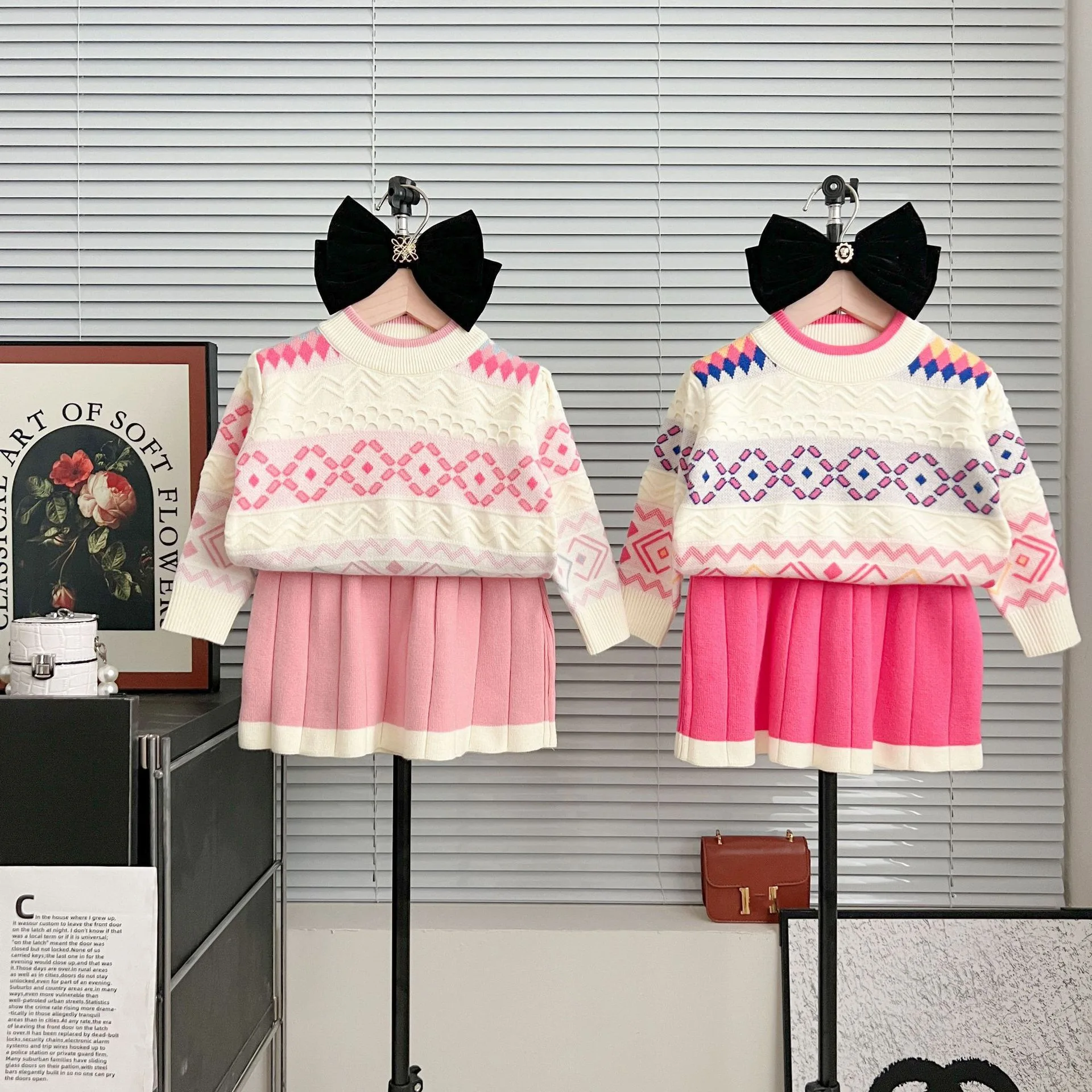 

Girls' sweater skirt foreign style 2024 jacquard knit two-piece autumn winter new Korean version baby girls' pullover skirt