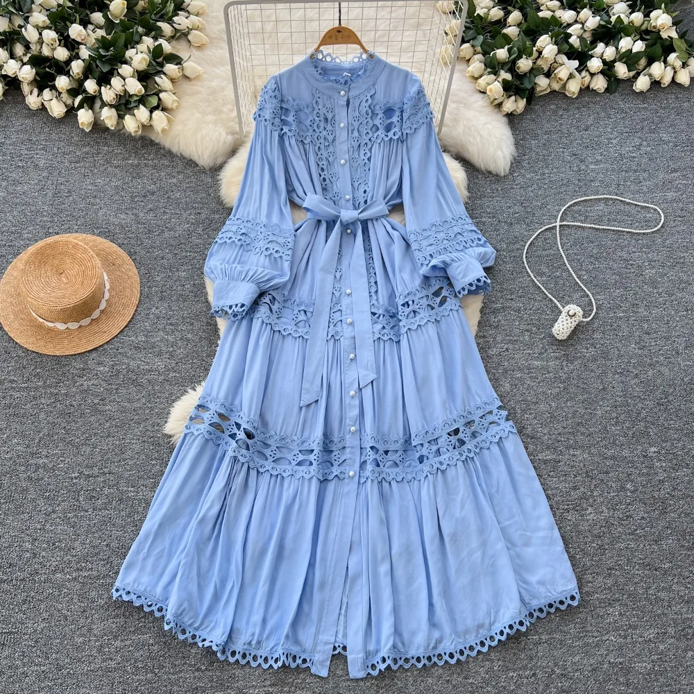 Elegant Hollow Out Hook Flower Single Breasted Vintage Lantern Sleeves Chic Bandage Slim Long Dresses Women High Street Clothing