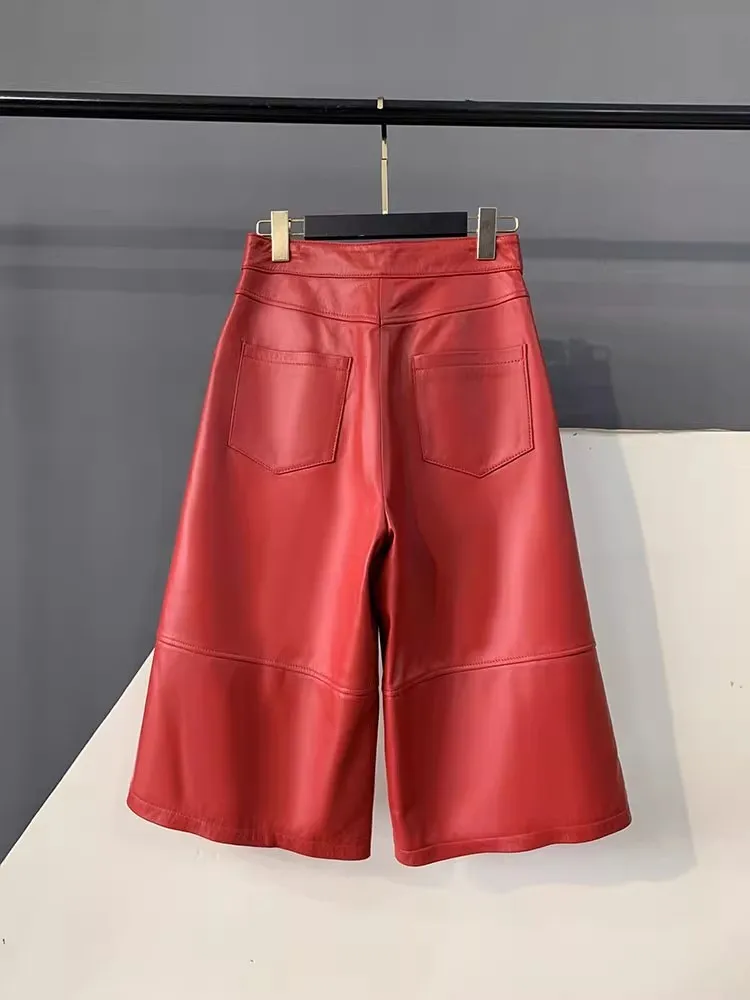 Women Genuine Leather Pants High Waist Loose Fit Mid Calf Trousers Solid Color Spring Autumn Harajuku Sheepskin Wide Leg Pants