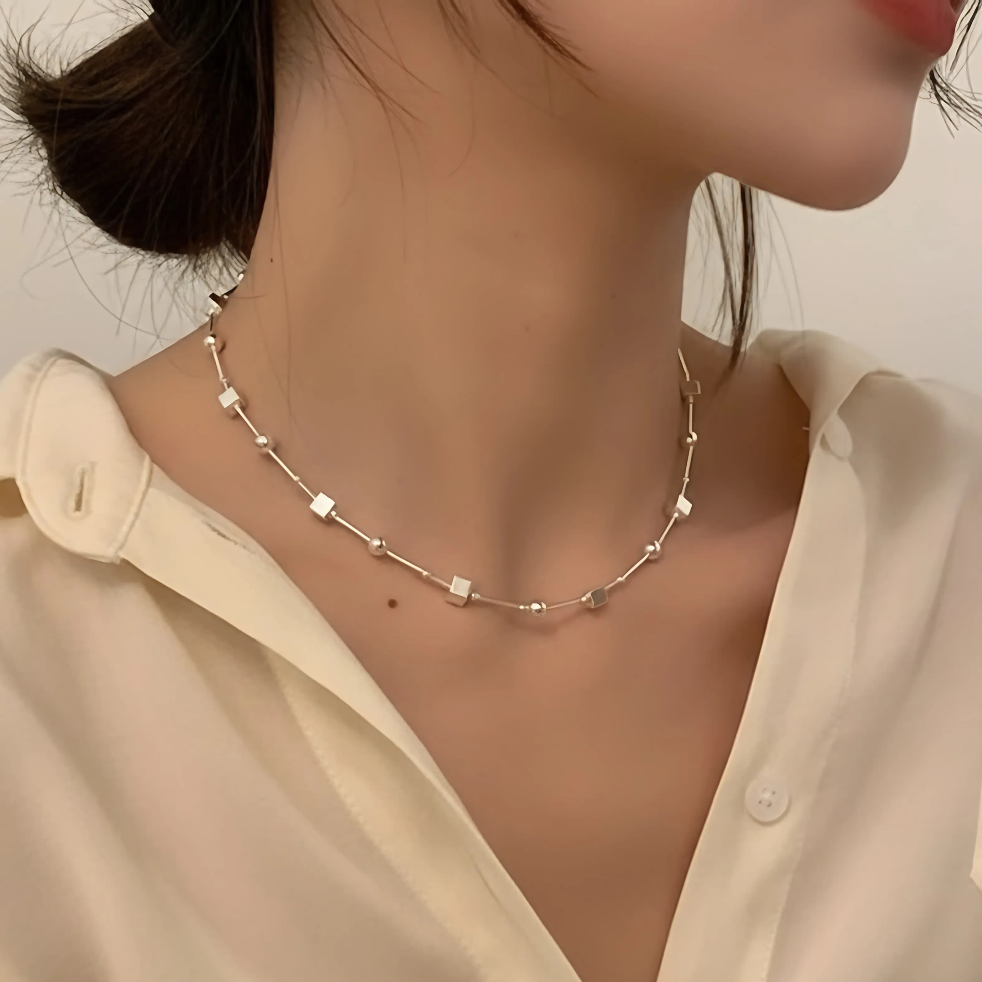 

PANJBJ 925 Sterling Silver Bead Choker Necklace for Women Girl Geometry Korean Design Versatile Jewelry Dropship Wholesale