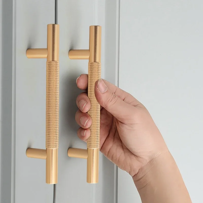 Modern Simple Gold Cupboard Door Knobs Round Rod Knurled Carved Aluminum Alloy Drawer Handle Kitchen Handles Drawer Door Handles
