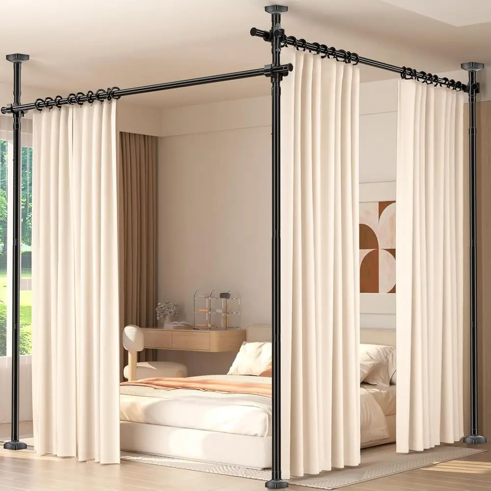 Room Divider, 4-10ft H 28-140in W Adjustable Temporary Privacy Wall Divider, Tension Curtain Rods, Heavy Duty Partition Space Se