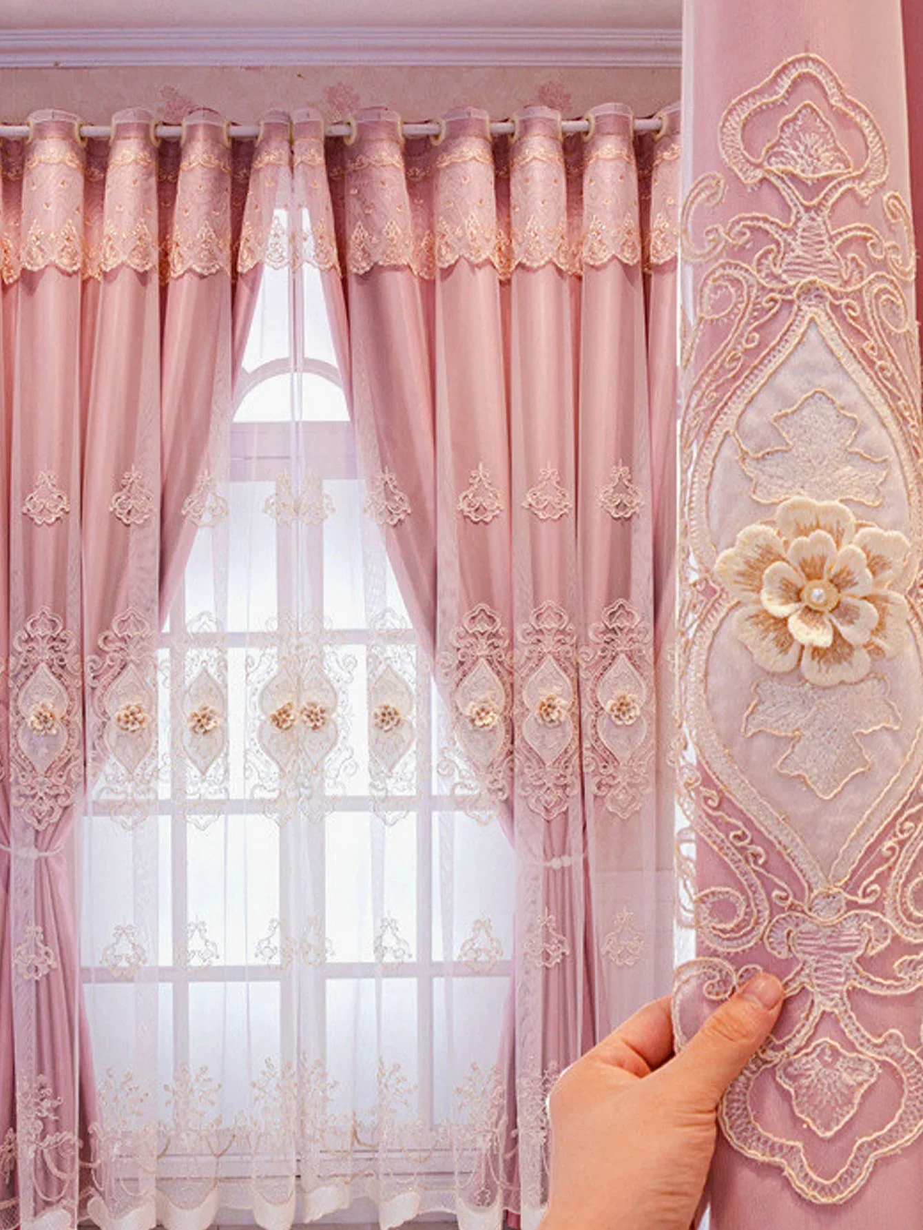 

High-blackout Cloth Double-layer Relief Embroidery All-in-one Floor-to-ceiling Curtain Floating Window Bedroom Jacquard Fabric