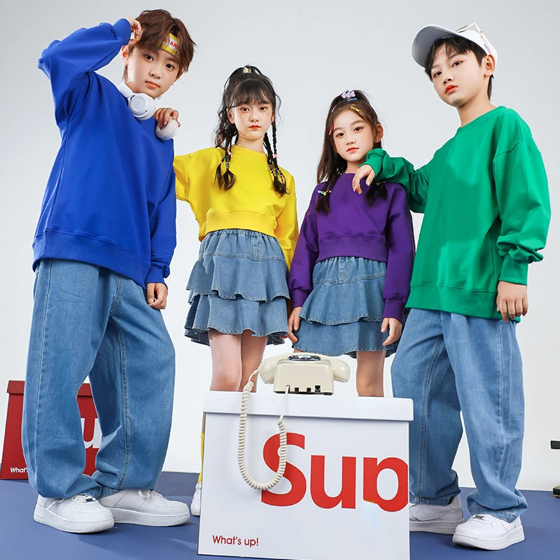 Kids Hip Hop Clothing Sweatshirt Tops Denim Skirt Pants for Girls Boys Streetwear Jazz Dance Costume Group Performance Clothes