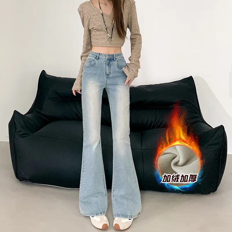 

Washed Blue Slightly Spicy Fleece-Lined Thickened Stretch Jeans 25 Autumn High Waist Slimming Fashion Trend Hot Item