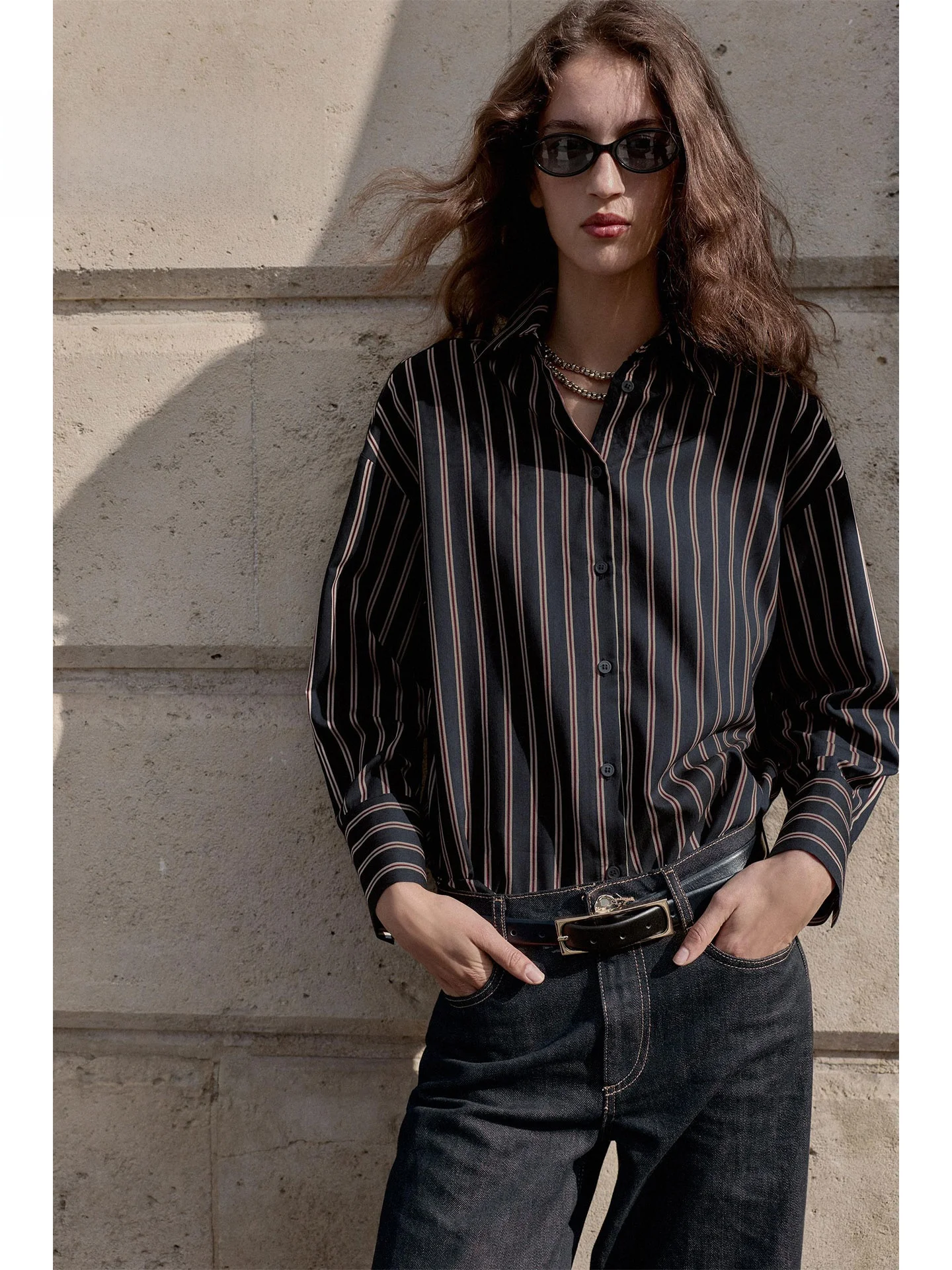 Décontracté Sle rayé coupe ample longue Sve irt col rabattu vêtements intérieurs superposition hiver 2025 Faion femmes Blouse