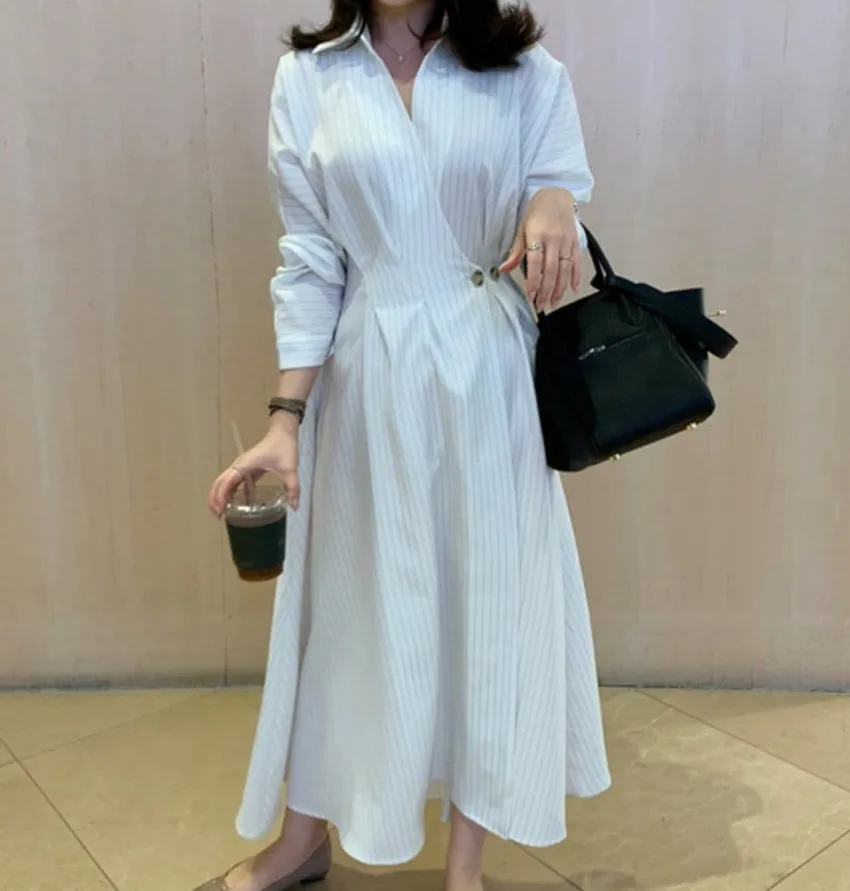 Elegant French Designer Spring White Striped Office Ladies Long Dress Women Lapel Collar One Button Shirt CasualVestidos Robe