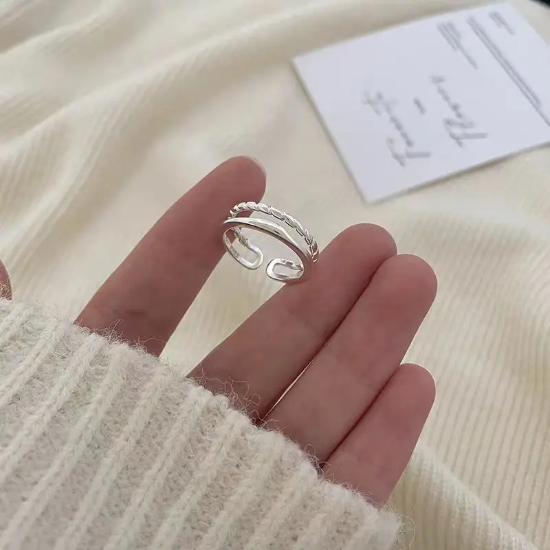 Double Layer Chain Open Ring For Women Minimalist Niche Design Adjustable Fashion High Grade Texture Index Finger Jewelry Gift