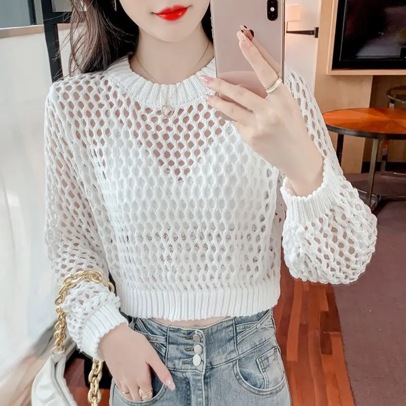 

Spring Sweater Women 2023 Hollow Out Cover Air Conditioned Shirt Ice Silk Knitted Small Shirt Short Long Sleeve Sweater Female