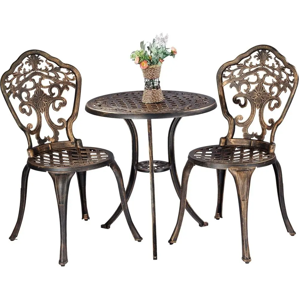 

Rustproof Aluminum Outdoor Patio Furniture Set: 2 Chairs and Round Table for Garden, Balcony in Bronze