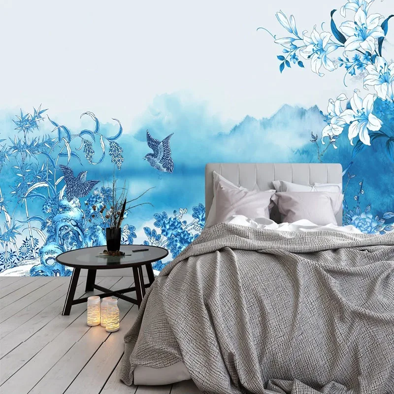 Custom 3D Wallpaper New Chinese Style Blue Flower And Bird Sofa Background Wall TV Wallpaper For Bedroom Walls Papel De Parede