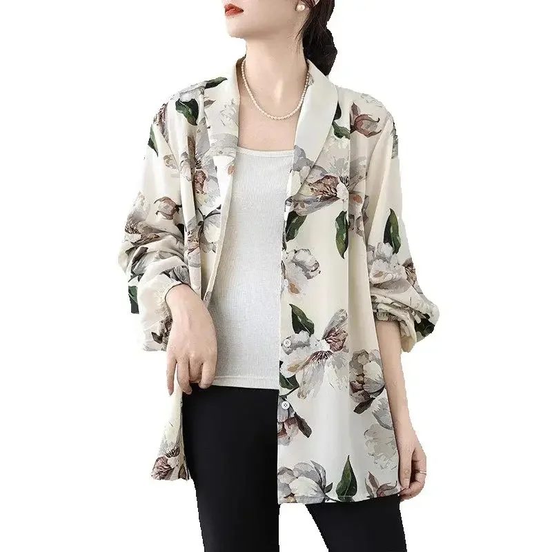 سترة قميص نسائية كبيرة الحجم 2025 - بلوزة مطبوعة خفيفة الوزن للربيع والخريف بدلة كاجوال أنيقة ذات طبقات G394