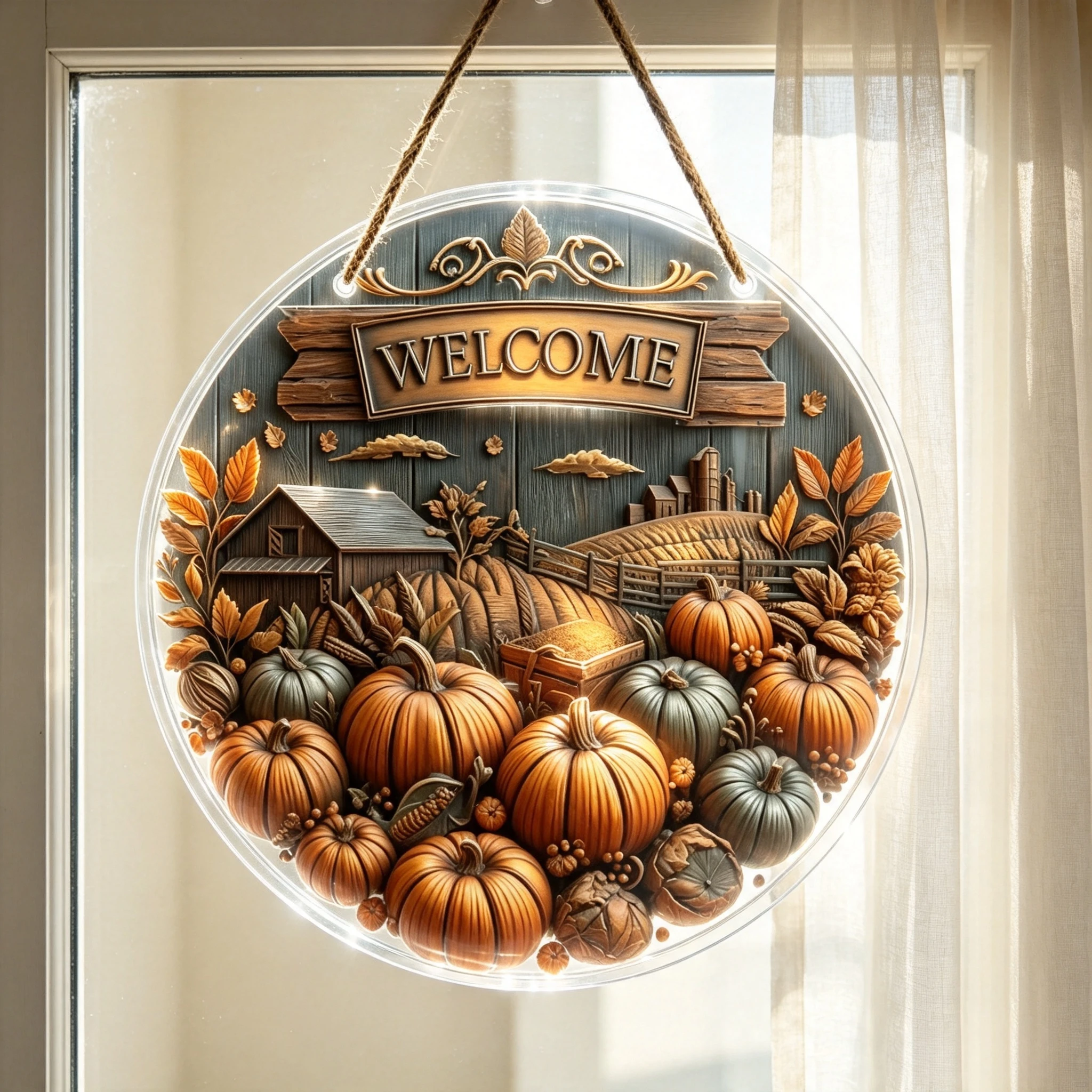 Autumn Harvest Countryside Pumpkin Scene Circular Welcome Sign Patio Decor,Vintage Harvest Farm Barn Pumpkin Circular Welcome Plaque Autumn Wall Ornament