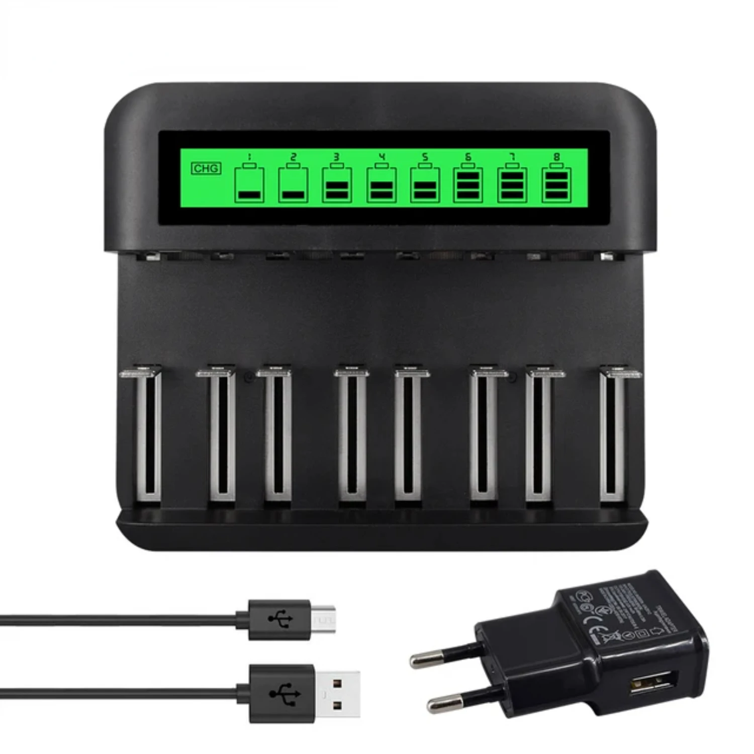 Cargador de batería inteligente rápido con pantalla LCD de 8 ranuras, carga tipo C para batería recargable de tamaño D Ni-MH Ni-cd AA AAA C de 1,2 V