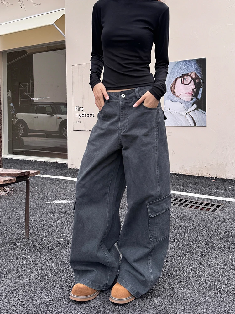 

Универсальные повседневные брюки URKR Basic Versatile Waed Distred Multi-ket для женщин, свободные прямые брюки из хлопка, стильные и удобные.