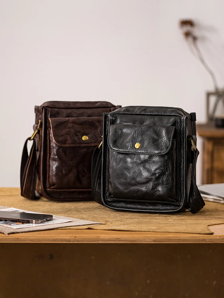 casual handmade vegetable tanned cowhide men small shoulder bag Weekend outdoor daily light genuine leather phone crossbody bag