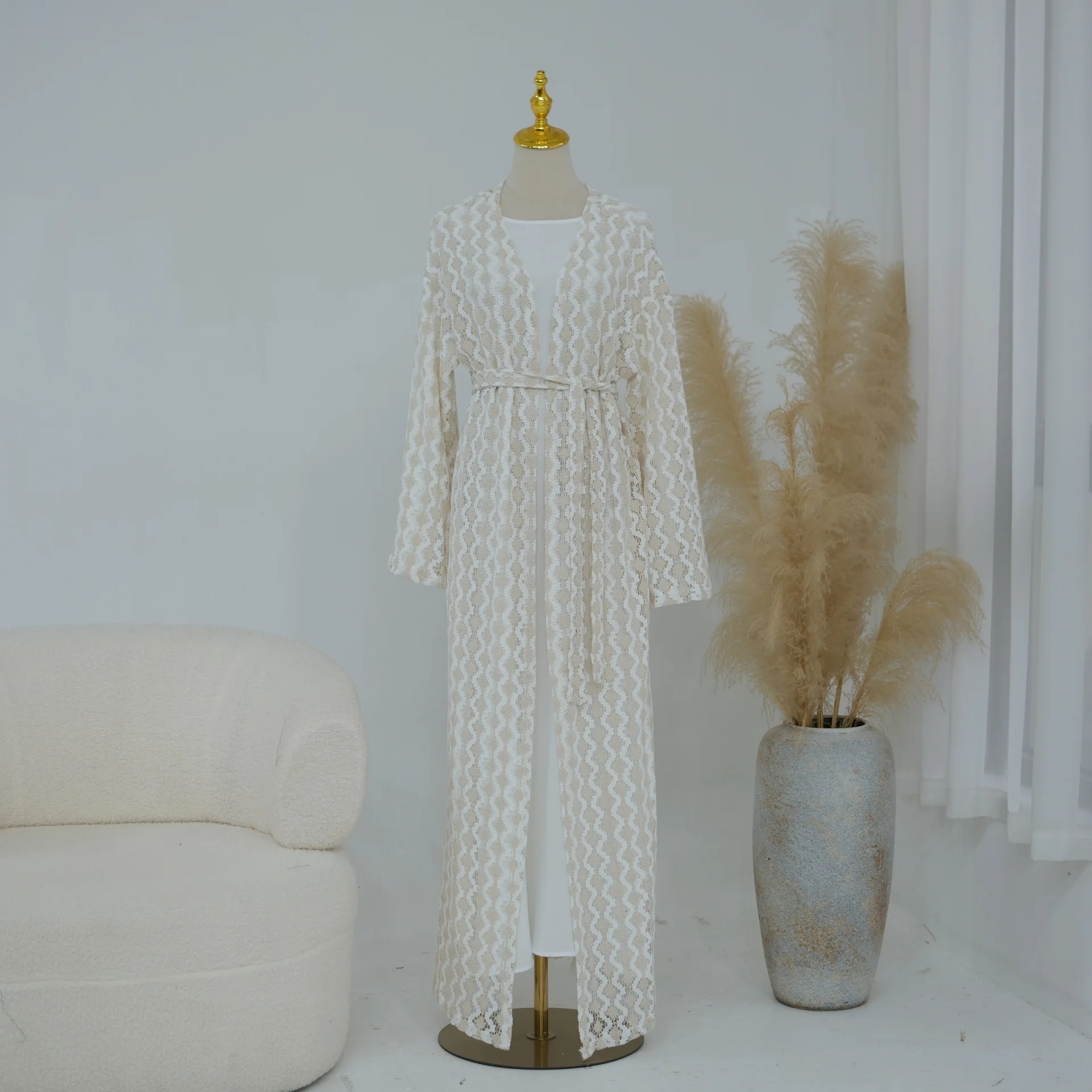Dubai Women Knit Crochet Contrast Color Cardigan Long Sleeve Open Kimono Abaya Elegant Outerwear Muslim Knitted Coat Loose Robe