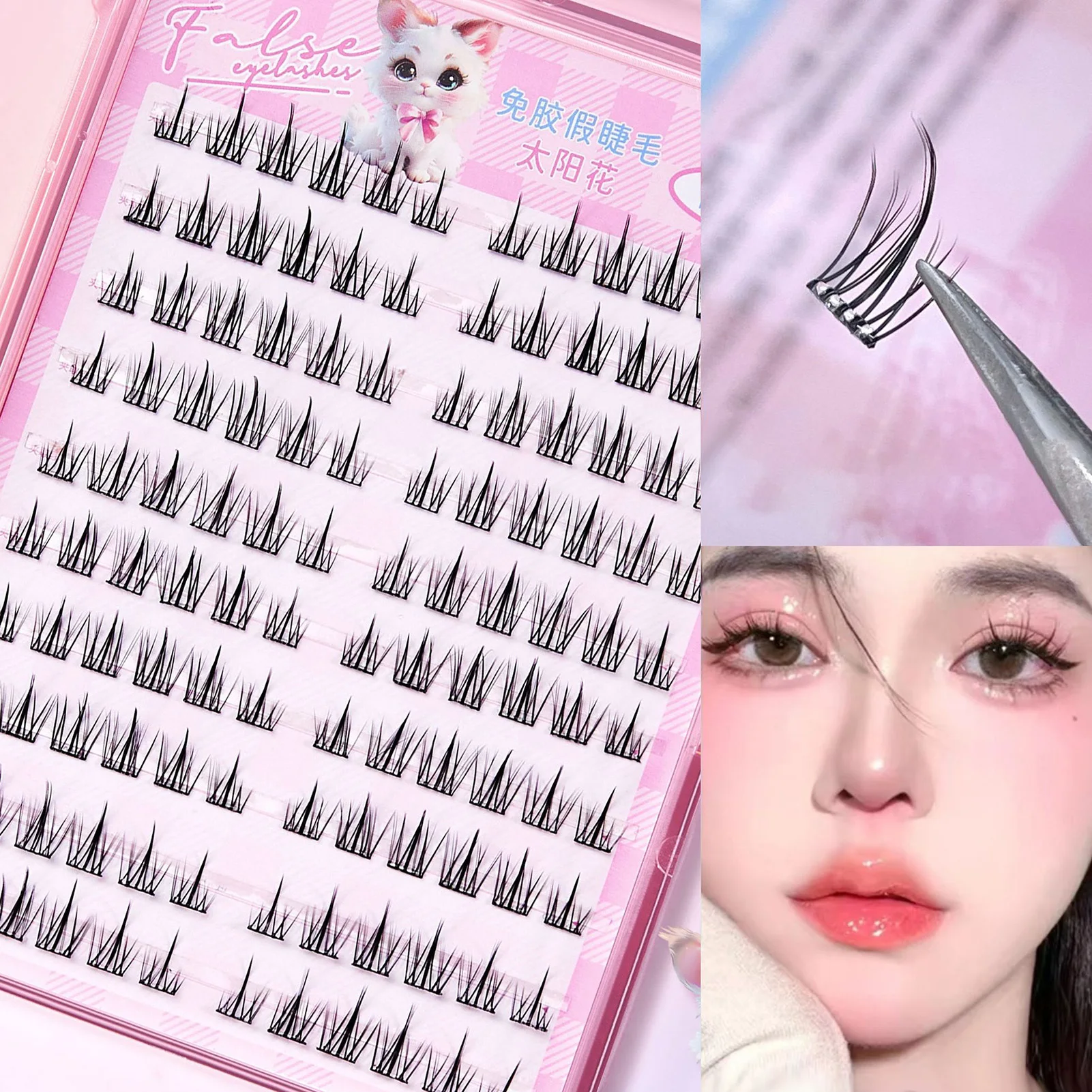 10 Reihen große Kapazität, kleberfreie falsche Wimpern, einzelne Cluster, 10–12 mm, C-gekräuselte, natürliche, selbstklebende künstliche Wimpernverlängerungen