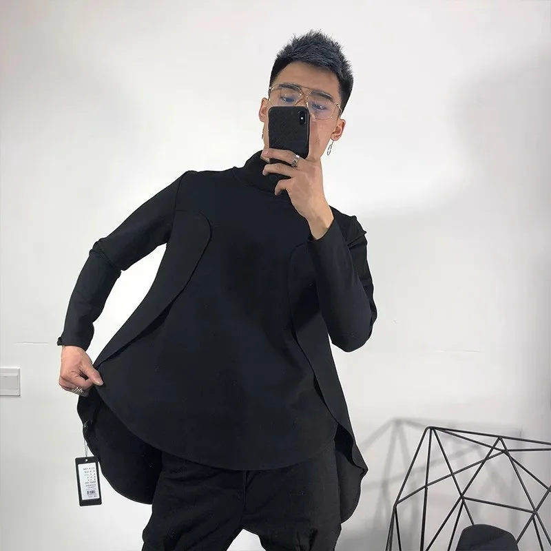 

Winter original designer dark style loose bottoming shirt hip-hop trendy brand asymmetrical slit high collar pullover sweatshirt