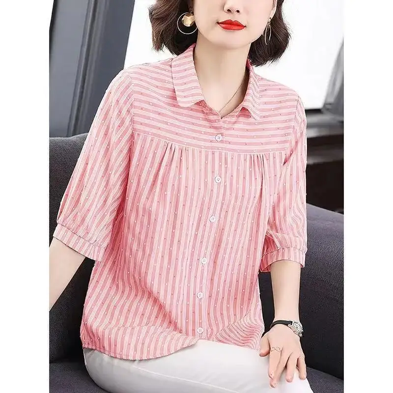 Women\'s Korean Fashion Striped Print Button Up Shirt Elegant Commute Half Sleeve Blouse Summer Casual Loose Tops Blusas De Mujer