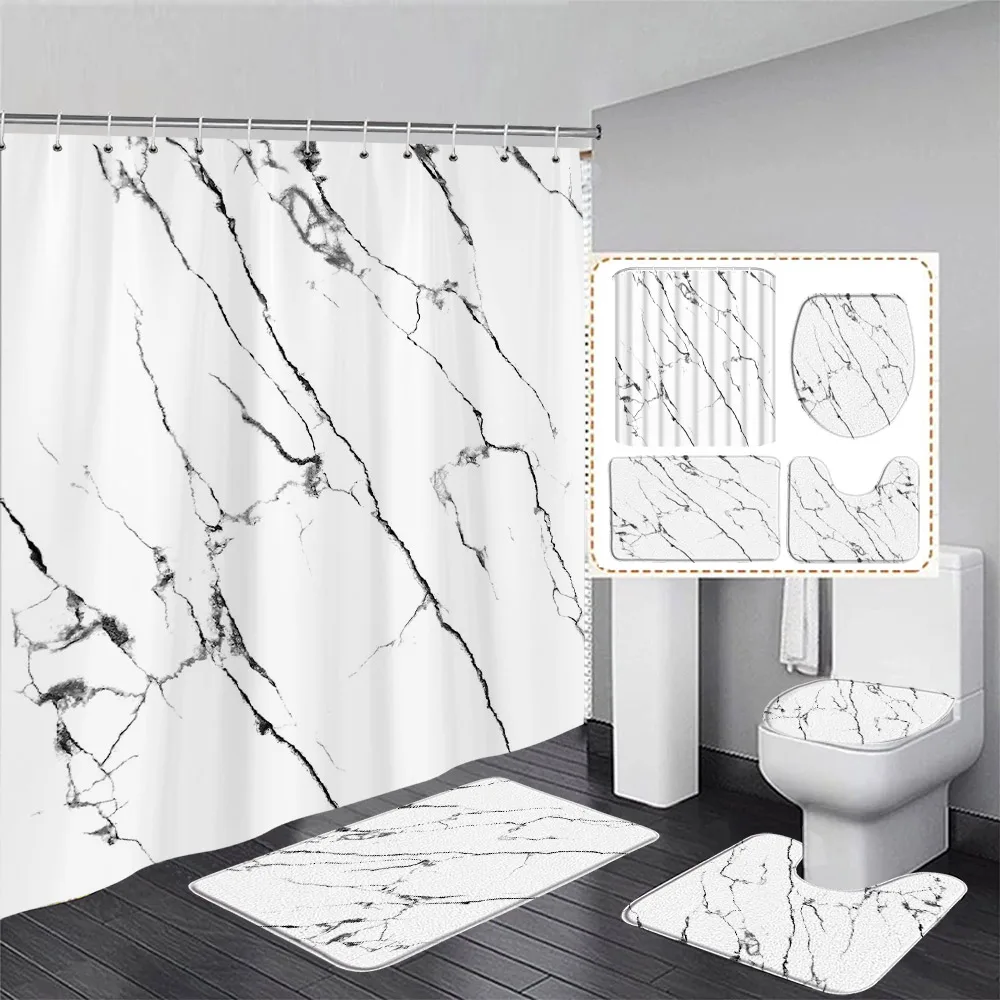 Abstract Marble Shower Curtain Set Gold Lines Black Grey Pattern Modern Luxury Home Bathroom Decor Non-slip Rug Toilet Lid Cover