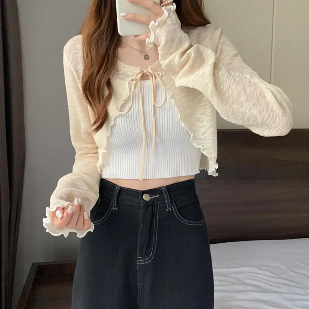 Summer Women Thin Sunscreen Cardigan Lace-up Knitwear Tops Female Korean Style Lantern Sleeve Short Coat Casual Sun Protected