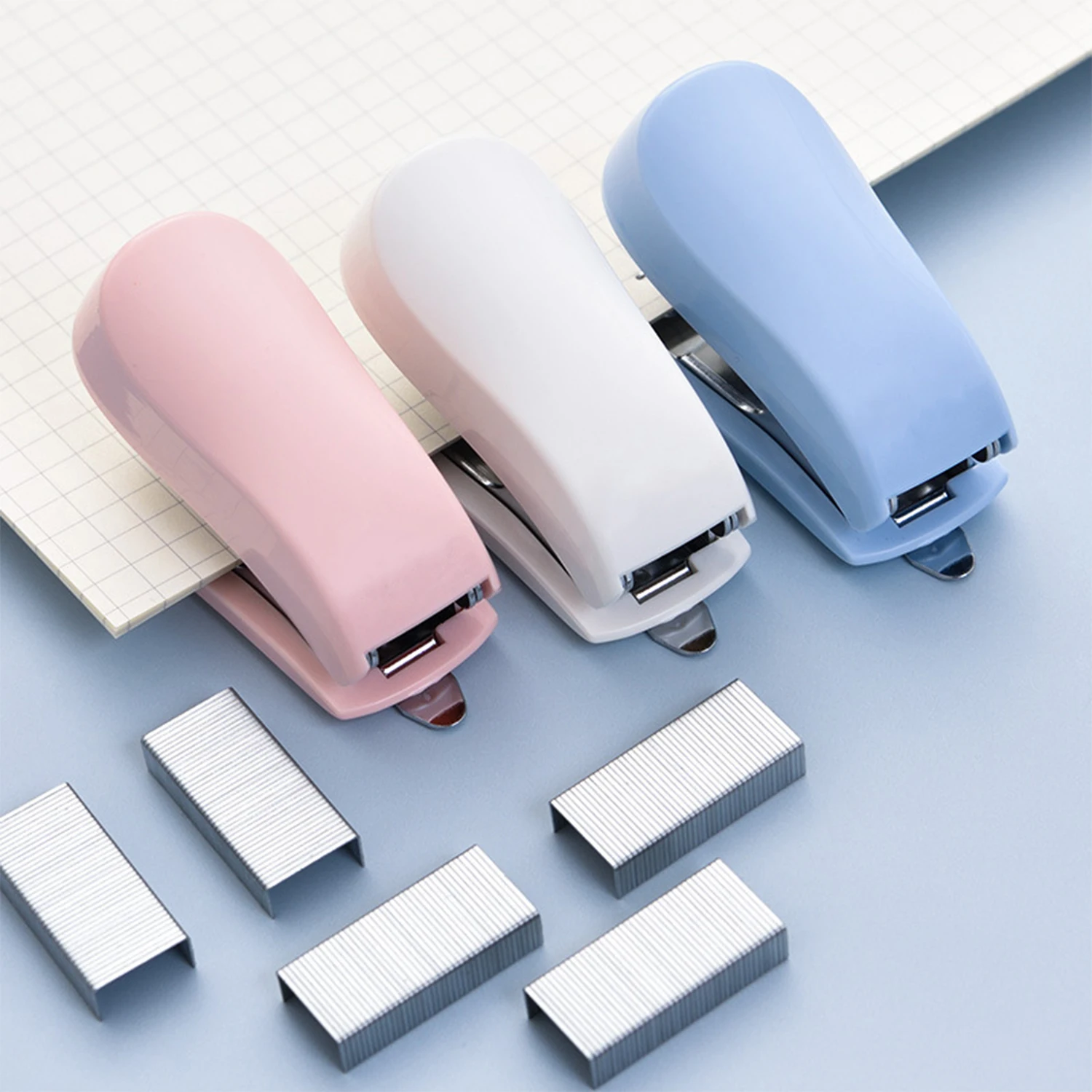 Mini Stapler Kit Portable Small Stapler and Staples for Binding Paper Student Office Stationery Blue Pink White