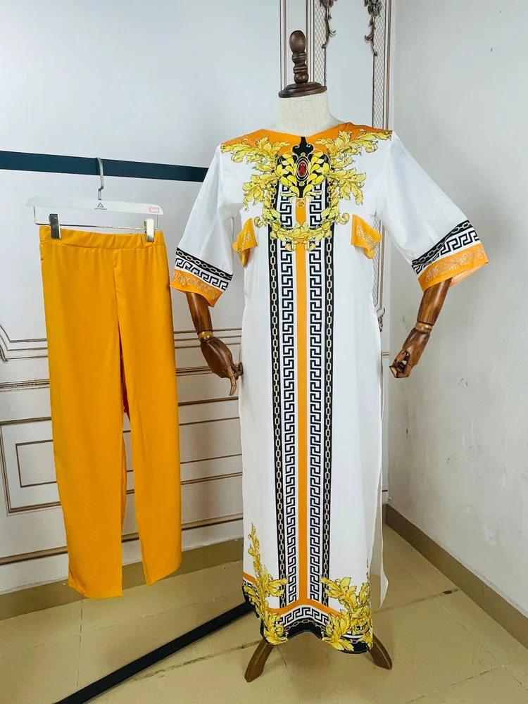 Haut Africain en Mousseline de Soie avec Pantalon en Coton pour Femme, Haut Long, Matériel Sexy, Nouveau Design, Haute toire, 2 Pièces, 2023