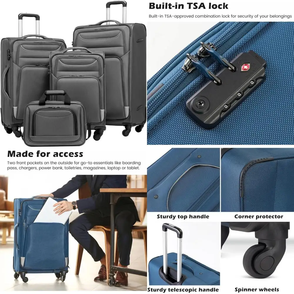 

4-piece softshell spinner suitcase set with tsa lock, lightweight gray luggage