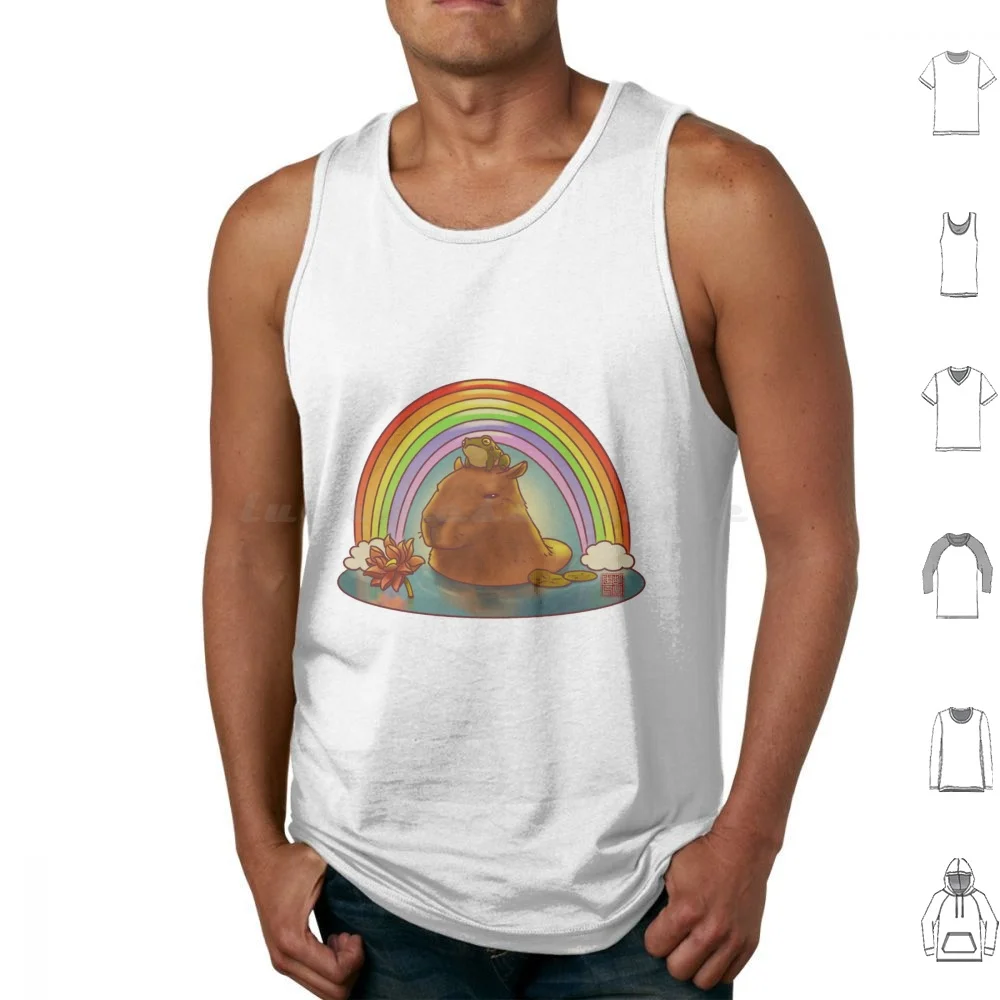 Capybara And Frog Rainbow Tank Tops Vest Sleeveless Capybara Frog Dinghuart Ding Hu Rainbow Cottagecore Chill Relaxing Cute