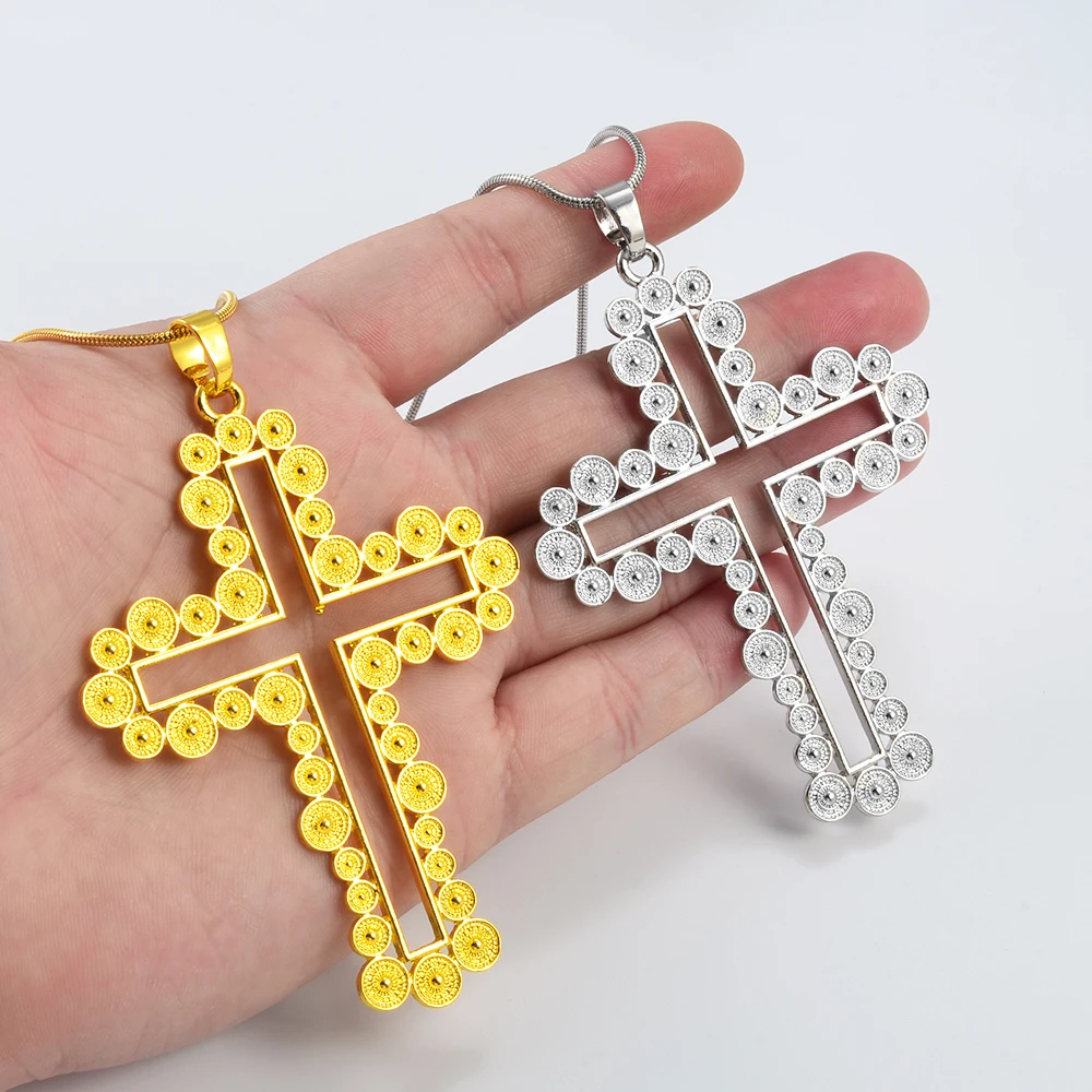 Anniyo Ethiopian Cross Pendant Choker Necklaces Women Girls,Wedding Party Gold Color Eritrean Jewelry African Habesha #334106