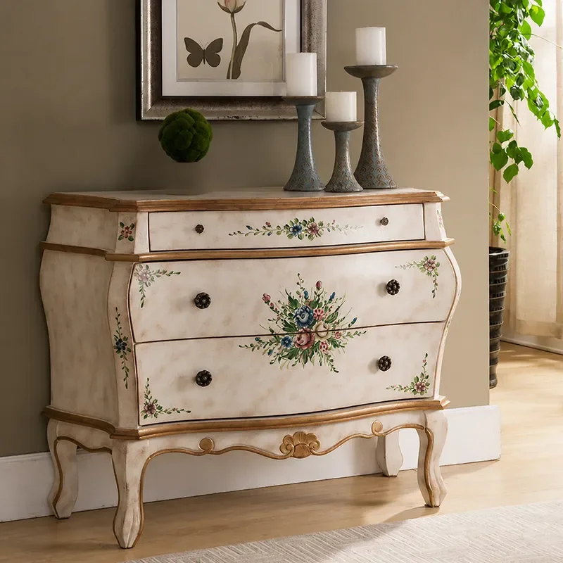 Solid Wood Entrance Cabinet with Three Drawers Retro White Painted Side Cabinet Locker for Hallway Storage Factory Wholesale