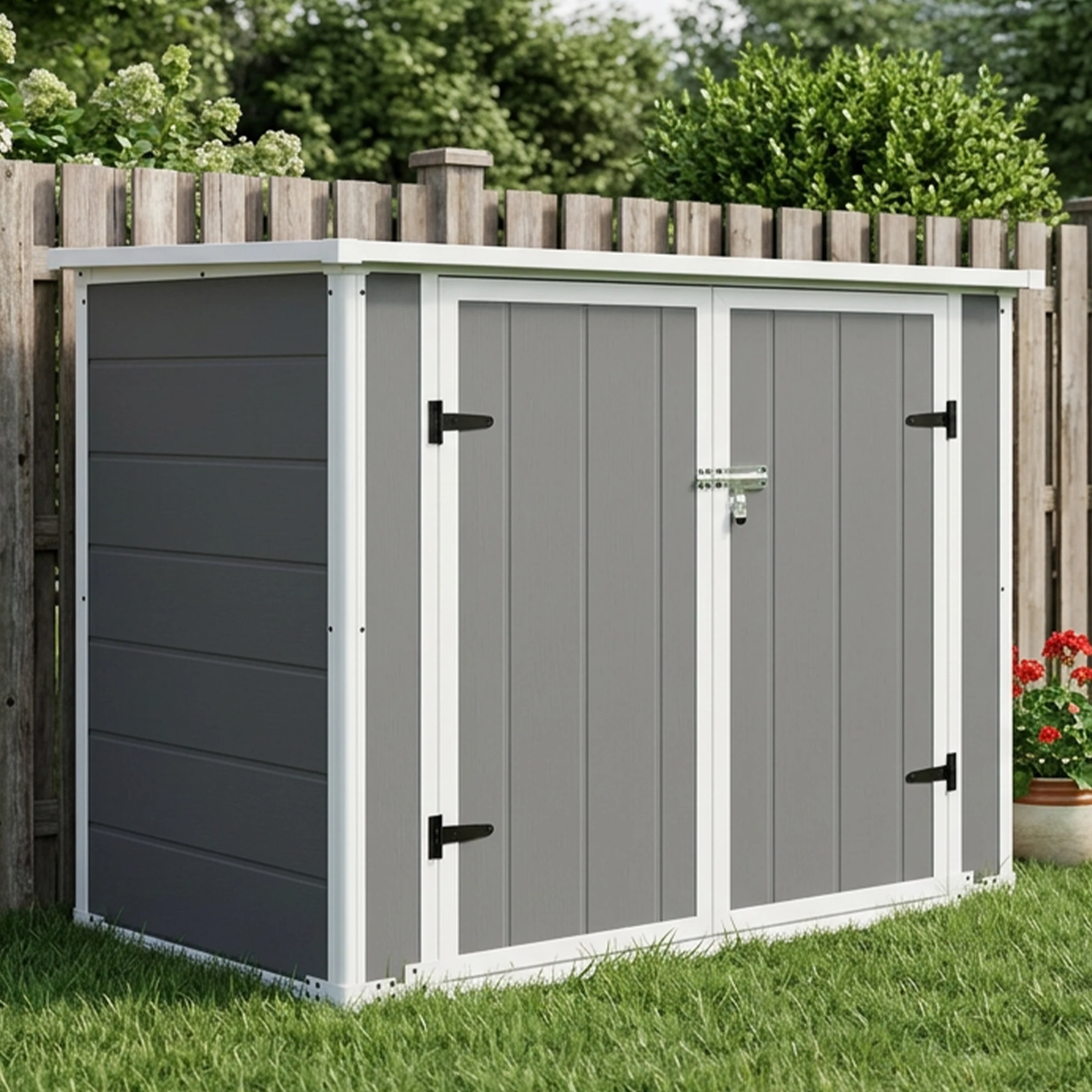 Horizontal Outdoor Storage Shed, Ramp & Hydraulic Lid, Lockable Waterproof Cabinet for Trash Cans, Tools, Firewood