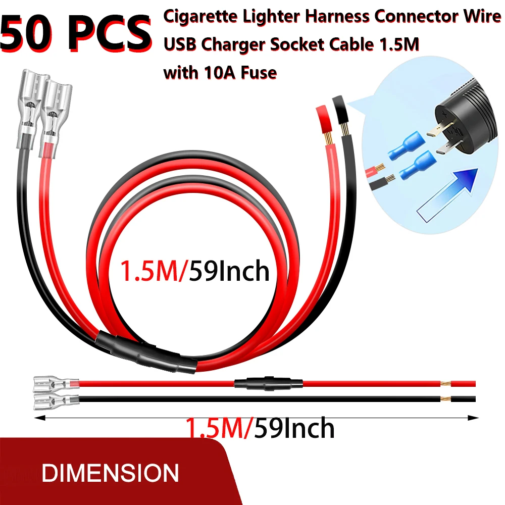 1/2/10/50Pcs Usb Charger Socket Cable 1.5M Cigarette Lighter Harness Connector with 10A Fuse Car Motorcycle Atv Rv Modification