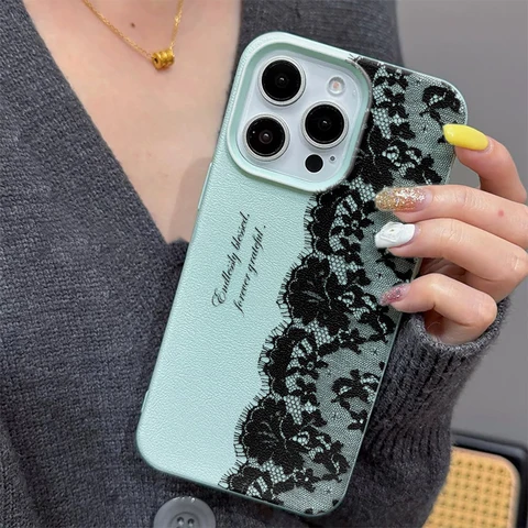 Мятно-зеленый кружевной чехол для iPhone 17 16 15 14 Plus 13 12 11 Pro Max, двухцветный, из ТПУ, модный, защитный