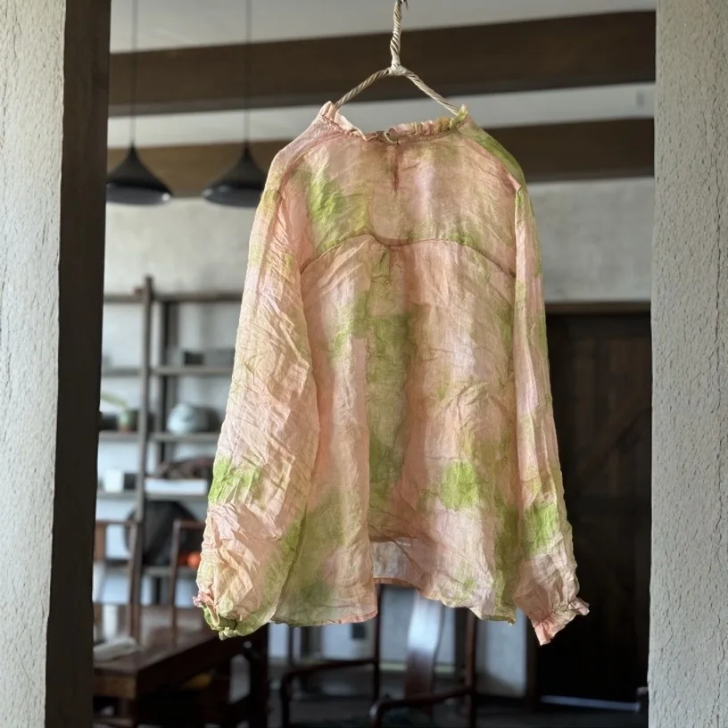 ผู้หญิงVINTAGE Ramieฤดูใบไม้ผลิดอกไม้พิมพ์เสื้อและเสื้อ 2025 ใหม่ 2025 แขนยาวใหม่หลวมเสื้อผ้าผู้หญิงเกาหลีBlusas Mujer